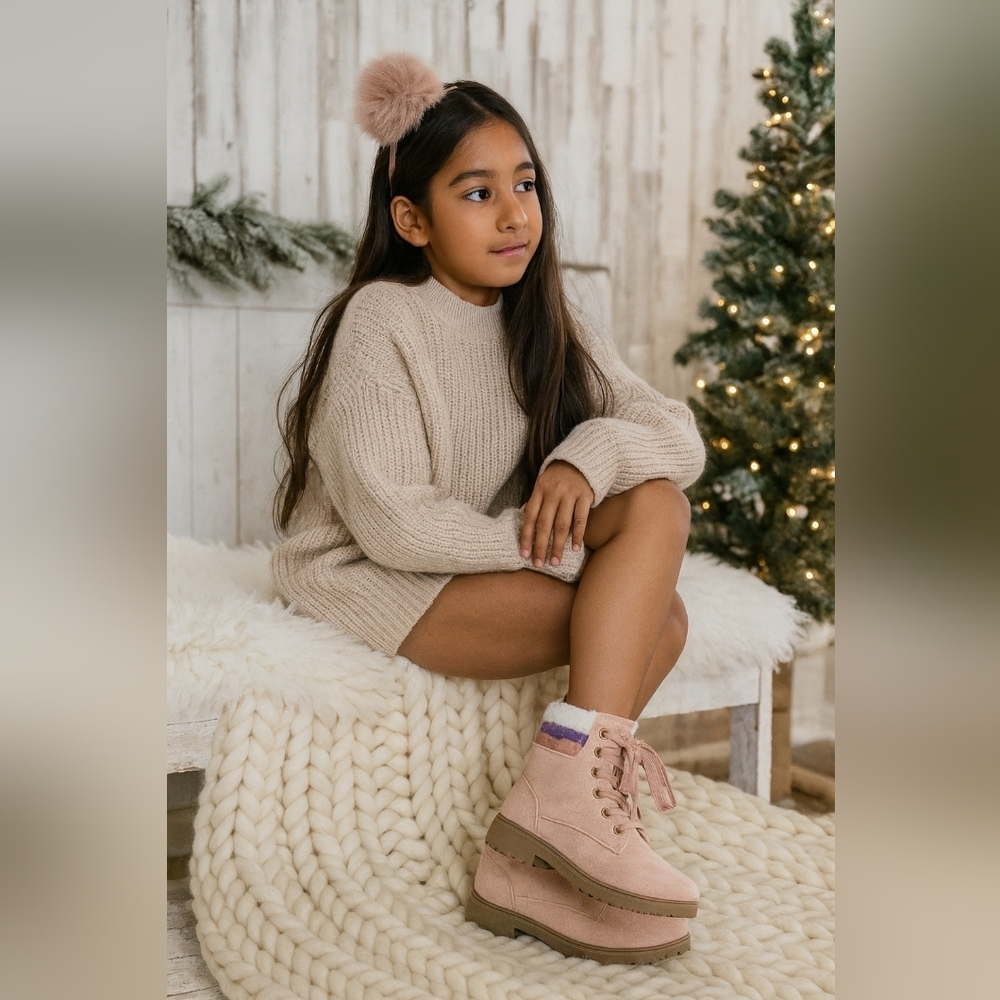 Olivia Miller Cecilia Girls' Pink Lace-up Fleece Lined Combat Winter Boots Sz3